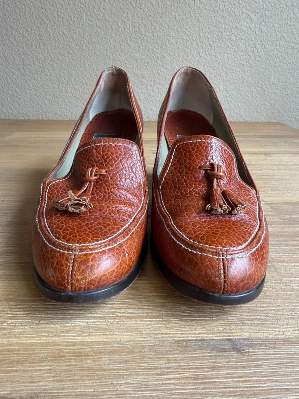 Paul Mayer Pebbled Leather Tassel Block Heels in Cognac - Picture 7 of 12